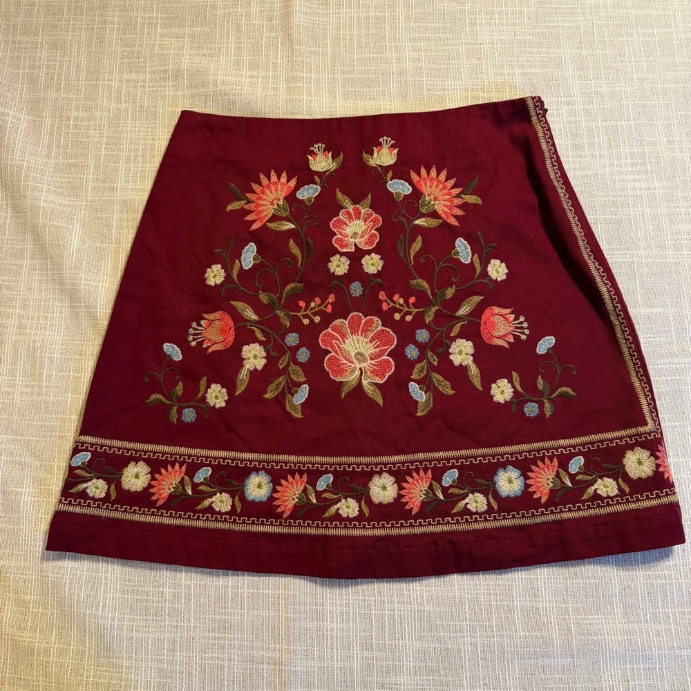 Harper Heritage Burgundy Floral Embroidered Cotton Mini Skirt B9SS1013 Small